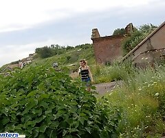 Blondie gets spycammed while peeing in the bushes